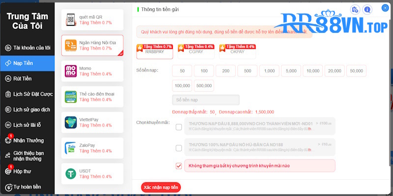 nạp tiền rr88 ngân hàng nội địa
